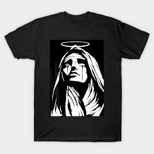 Mother Mary Saint Prayer Blessed Blackwork Minimal T-Shirt